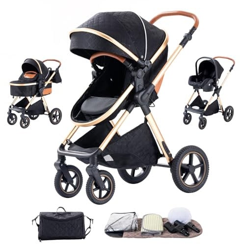 Shineey kinderwagen 3 in 1 Buggy Babybett Komplett Set Einem Klick Zusammenklappbarer Kinderwagen, 3 in 1 KombiKinderwagen Aluminiumrahmen für Neugeborene (H2-BLACK, H2)
