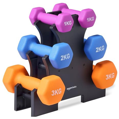 Amazon Basics Hantel-Set mit Neoprenbeschichtung, mit Hantelständer, 3 Stück (1 kg, 2 kg, 3 kg), Mehrfarbig