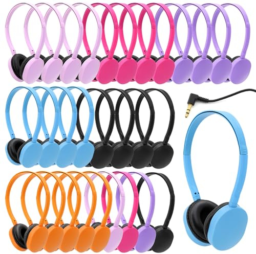 30 Pack Large Wired Headphones for Kids, Class Set of Headphones with Stereo Sound, Bulk Classroom Headphones, Compatible with 3.5mm Jack for Library Children Adults Office Gifts (Mixed Colors)