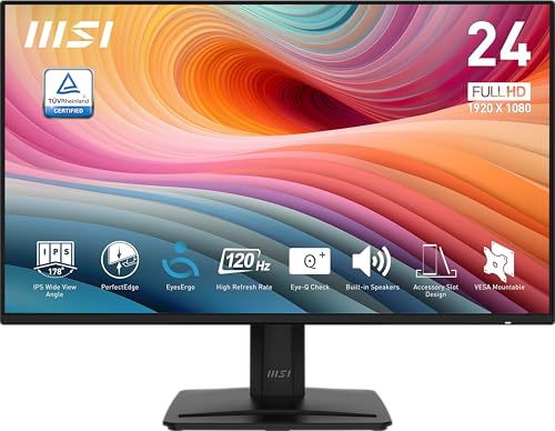MSI PRO MP242A E2 24 Inch IPS Gaming Desktop Monitor 1920 x 1080 (FHD), 120Hz, Adaptive Sync, HDR-Ready, HDMI, VGA Port, Display Port, VESA Mount, Tilt, Speaker, Slim Frame