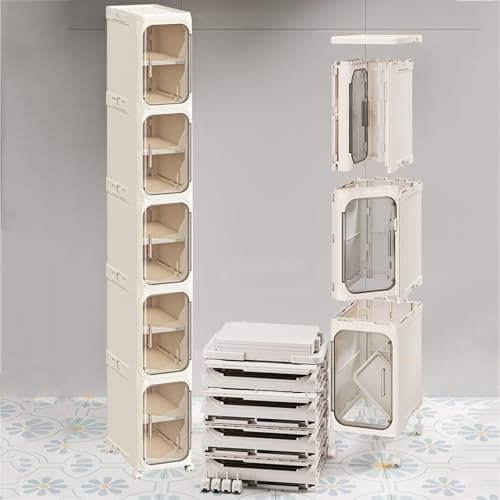 LQDMAER Schmaler, hoher Lagerschrank, schmaler 5-stufiger Badezimmer-Aufbewahrungsschrank mit Türen und Regalen, beweglicher Aufbewahrungsschrank für kleine Räume (White, 157x21x34cm (62x8.3x13.4in))