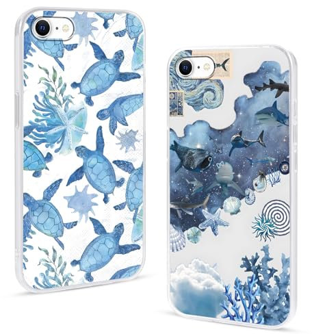 Phoona 2 packs Phone Case for iPhone 7/8 / SE 2020 / SE 2022 4,7'', Turtle Shark Print with Cute Aesthetic Design Pattern Clear Transparent Cover, Soft Shockproof Protective Funda for Women Girls