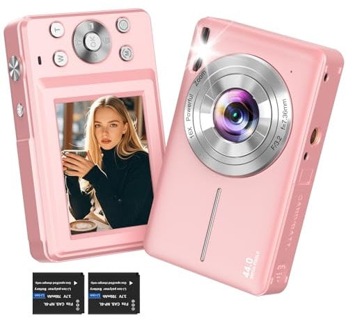 Digital Camera 44MP 1080P FHD Compact Digital Camera with 16X Digital Zoom, 2.4 IPS Screen, Anti-Shake for Teenagers Kids Beginner PINK