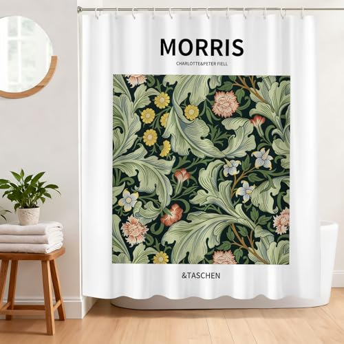 BREASOME William Morris Style Floral and Leaves Shower Curtain 180 x 180 cm | Mould Proof Mildew Resistant, Botanical Green & Pink Flower, Waterproof Washable Polyester Fabric Bath Curtain with 12 Hooks