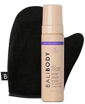 Bali Body Deep VioletSelf-Tanning Mousse + Mitt Bundle | Natural Looking Perfect Bronzed Shade | Streak-Free Green Based Tinted Self-Tanner + Reusable Stain-Free Tan Applicator | Vegan, Cruelty Free