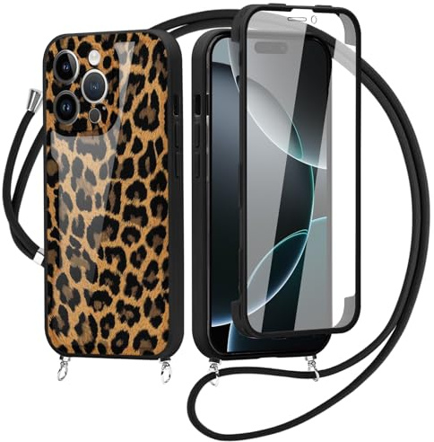 Saqmkil Funda con Cuerda para iPhone 13 Pro MAX 6,7'' con Protector de Pantalla Integrado, 360 Grados Transparente Carcasa con Ajustable Collar Cordón, Aesthetic Dibujos Diseño Case, Leopardo 01