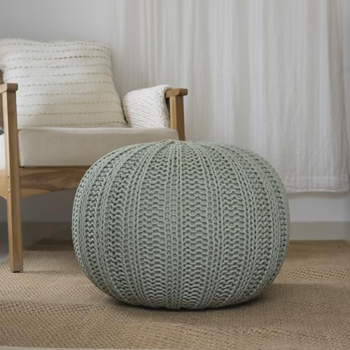 Harlow Hill Dessert Sage Handmade Contemporary Cableknit Round Indoor Pouf Ottoman | 20 x 20 x 16 Filled Cotton Pouf for Bedroom & Living Room Décor | Farmhouse Foot Rest & Decorative Seat