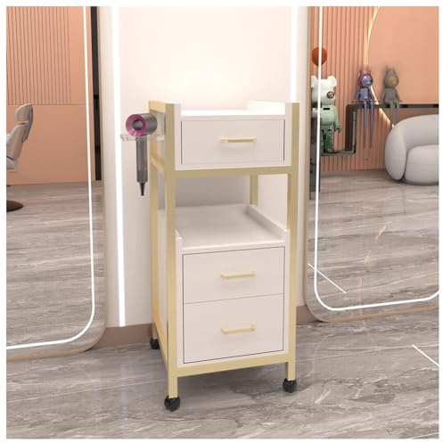 GSACLKES Warenkorb, Salon Aufbewahrutrolley Warenkorb Mit Haartrockner Halterd 3 Schubladen, Mobile Friseurstation Für Salon Organisation/Weiß#A/78 * 35 * 30Cm