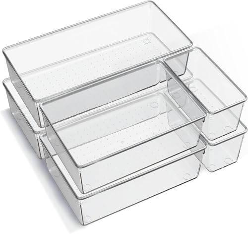 DIRXVMC 6 Pack Large Clear Plastic Drawer Organizer Trays, Acrylic Kitchen Drawer Organization and Storage Dividers, Non-Slip Storage Bins for Makeup, Kitchen Utensils, Bathroom (Clear, 6 pack)