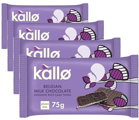 Kallo Organic Belgian Milk Chocolate Thins 75 g – Gluten Free Rice Cake Thins, Light Snack, Vegetarian & Organic Chocolate Treat (Pack of 4)