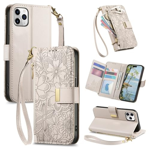 VEEMOS Phone Case for Apple iPhone 11 Pro Max Case with Zip Wallet Purse Card Holder Slot Embossed Flower Design Folding Flip Cover Leather Stand Lanyard Wrist Strap Women - Grey