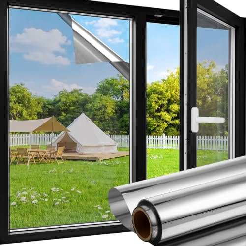 aboveBED Spiegelfolie Fenster Selbstklebend 60 x 200 cm, Silber, Fensterfolie Blickdicht von Außen, Hitzeschutz & Sonnenschutz Innen Außen, klare Durchsicht, UV Schutz
