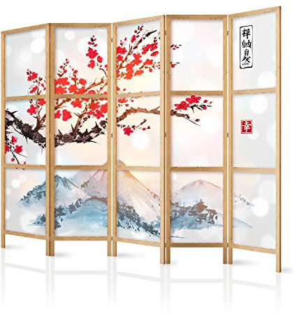 murando - Paravent Intérieur Japonais 225x172 cm - Séparateur de Pièce en Bois Naturel et Toile Imprimée - Paravent Oriental Portable et Pliable - Fleur De Cerisier Japonais p-B-0002-z-c