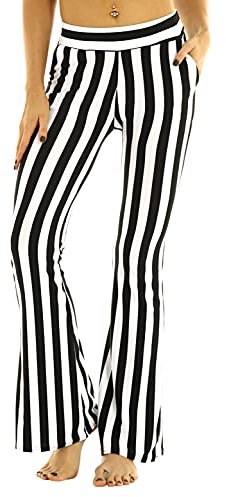 iEFiEL Modisch Damen High Waist Schlaghose Bootcut Glocken Hose gestreifte Floral Stretch Leggings Slim Fit lang Pants Schwarz & Weiß L