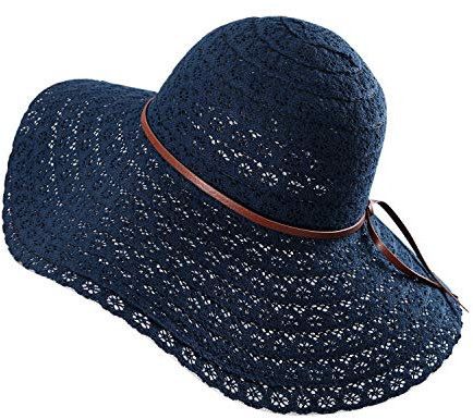 LAEMILIA Damen Sommer Strand Sonne Hüte Wide Rand Mit Schleife Strohhut Sonnenhut Strandhut Sommerhut Damenhut (Stil-3-Navy blau)