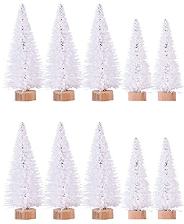 YLSZHY 10 Pcs Mini Christmas Trees DIY Xmas Bottle Brush Trees White Artificial Tabletop Sisal Trees with Wood Base for Christmas Party Decoration and Display