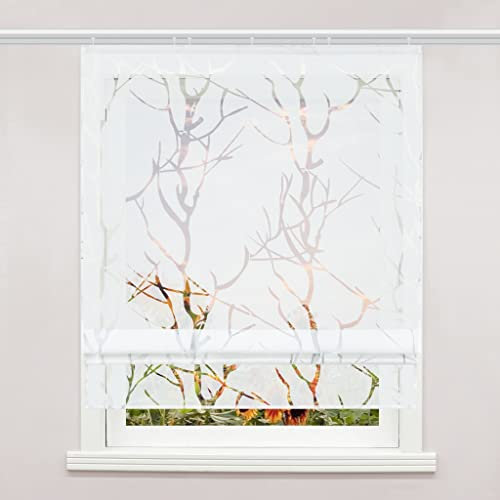 Delien Voile Raffrollo mit Klettband Transparente Ausbrenner Gardine Küche Raffgardine Kurz Rolls Vorhang »Äste« Bändchenrollo Schals Modern Fenster Gardinen BxH 80x140cm,Weiß