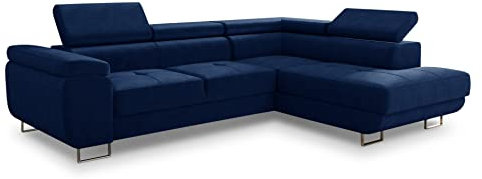Ecksofa Caris mit Schlaffunktion und einstellbare Kopfstützen, Wohnlandschaft mit Bettkasten, Couch, Sofa, Bettsofa (Dunkelblau (Kronos 09), Ecksofa Rechts)