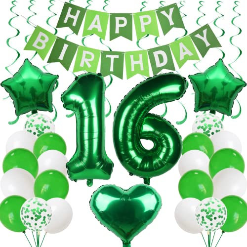 Ballons 16. Geburtstag Grün - Luftballons und Deko für Jungen und Mädchen - Geburtstagsdeko 16 Jahre Mit Girlande