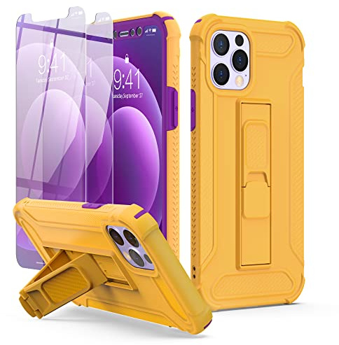 ORETECH für iPhone 12 Hülle, iPhone 12 Pro Hülle, mit [2 Stück Schutzfolie][Ständer], Handyhülle iPhone 12, Handyhülle iPhone 12 Pro, Stoßfest Schutzhülle Ganzkörperschutz Hülle iPhone 12/12 Pro, Gelb