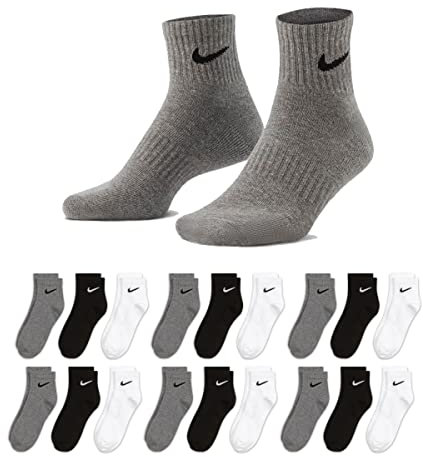 NIKE 6-18 Paar Socken Damen Herren Weiß Schwarz Kurz Sportsocken Größe 34 36 38 40 42 44 46 48 50 Sparset SX7677, Größe:42-46, Sockenfarbe:6 Paar weiss - 6 Paar grau - 6 Paar schwarz