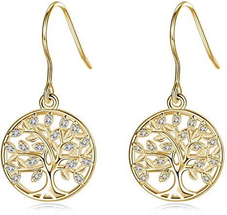 CELESTIA Tree of Life Earrings Womens Gold Filled Sterling Silver Dangle Family Tree Earrings for Women Mother's Day Jewellery Gifts for Mum Mummy's Birthday