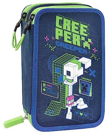 MINECRAFT Federmäppchen mit 3 Fächern für Mädchen und Jungen mit integriertem Schreibwaren und Stiftfächern + löschbarer Stift Frixion – großes Federmäppchen für die Schule, Organizer, blau, 20 x 12 x