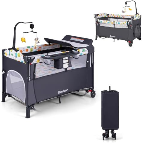 COSTWAY 5 en 1 Lit Parapluie Bébé avec Matelas & Table à Langer, Lit Bébé Evolutif avec 4 Hauteurs Réglables, 3 Jouets Suspendus & Boîte à Musique, Roues avec Freins, Charge Max 15kg, 0-36 Mois