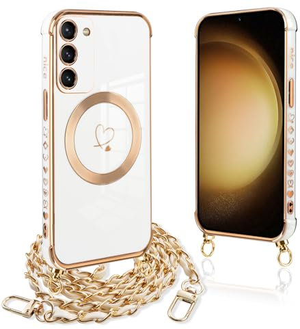 Pnakqil Coque Magnétique pour Samsung Galaxy S23 Plus 5G Con Cordon, Compatible avec MagSafe, Silicone Housse avec Motif Coeur d'amour Collier Lanyard, pour Samsung S23+ 6.6, Chaine-Blanc Or
