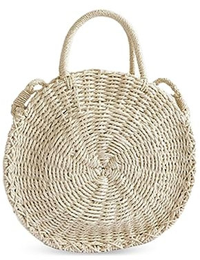 NICOLE & DORIS Runde Umhängetasche Damen Stroh Strandtasche Handtasche Sommer Strand Tasche Handgewebte Schultertasche mit Reißverschluss Weiß