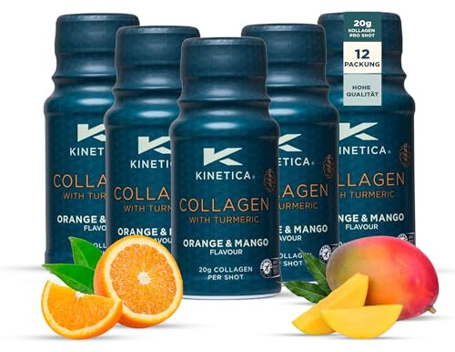 Kinetica Sports Kollagen Shots mit Kurkuma - Orange & Mango | 20.000mg Rinderkollagen/Shot, 12 Shots/Packung | Mit 50mg Vitamin C | Für Gelenke, Bänder, Muskeln & Hautgesundheit