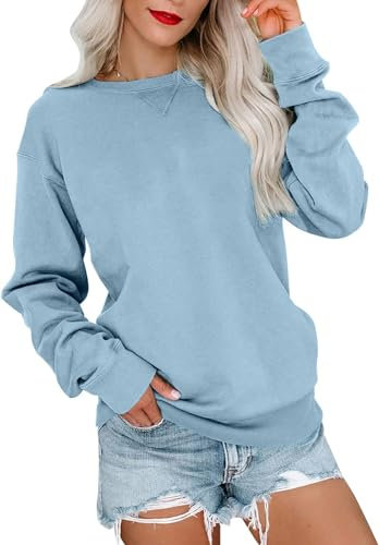 VIGVAN Damen Sweatshirt Pullover Elegant Basic Langarmshirt Rundhals Baumwolle Pulli Herbst Winter Casual Oberteile Langarm Tops (Hellblau, M)