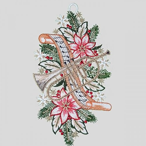 Fensterbild Fensterdeko Fensteranhänger Stickerei Herbst Weihnachten Verschiedene Motive mit Saugnapf (weihnachtliche Trompete)