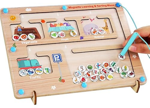 XINNIAN Tafel,Magnetisches Lern und Sortier Labyrinth aus Holz,Montessori Motorikspielzeug ab 3 4 5 6 Jahre,Magnetspiel Labyrinth Sortierspiel Lernen,Weihnachten Geburtstag Geschenk für Kinder