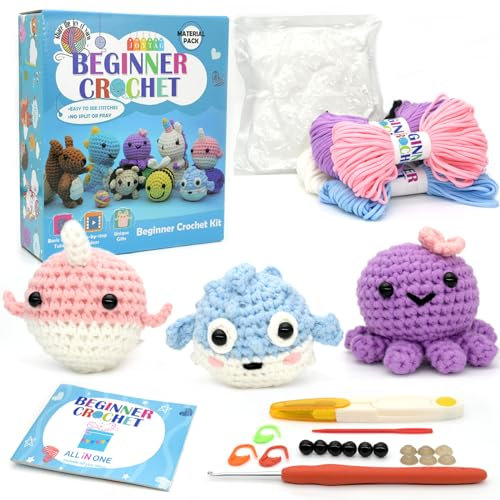 JOYTAG Häkelset für Anfänger, Anfänger-Häkelset für Erwachsene und Kinder, Häkeltier-Set mit Schritt-für-Schritt-Video-Tutorials und Anfänger-Häkelgarn, Amigurumi-Häkel-Starter-Set (Puffer/Krake/Wal)