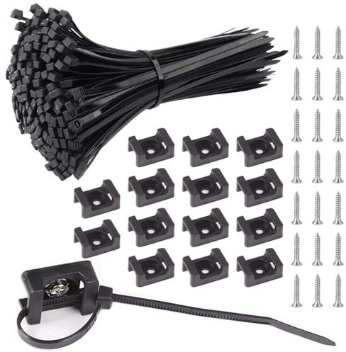 100 Set Attaches de Câble de Fixation Nylon Noir Double Serre-Câbles 100 x 2,5 mm Serre-Câbles Électriques avec 100 Pcs Embase a Visser de Trou de avec Vis de Montage M3 x14