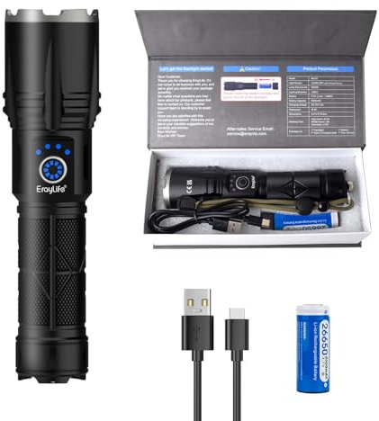 ErayLife LED Taschenlampe 30000 Lumens, Extrem Hell Starke LEP Taschenlampe USB Aufladbar, 5 Lichtmodi IP65 Wasserdicht Zoombar Flashlight Torch für Outdoor Wandern Notfälle