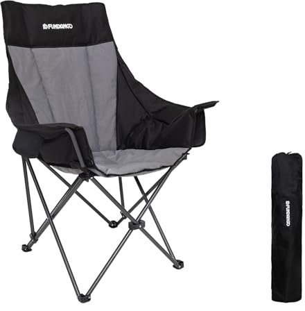 FUNDANGO High Back Folding Camping Chair, Heavy Duty Padded Camping Chairs for Adults, Foldable Camp Chair with Cup Holder and Side Pockets, Support 150 kg/330 lbs, Portable Chair for Outdoor Garden