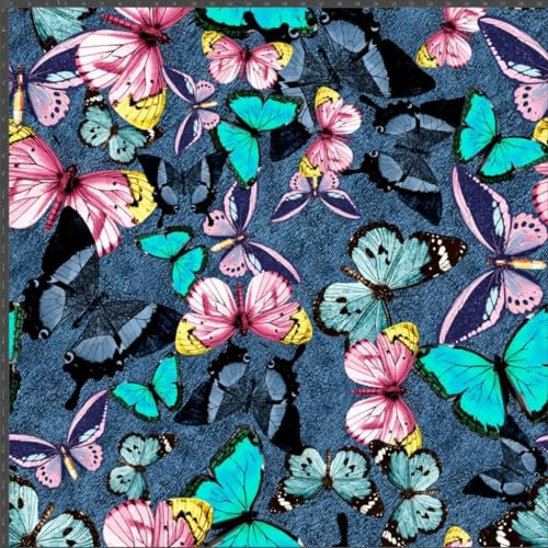 Textrend Jersey Stoff Meterware Kinder - 100% Baumwolle - Stoff zum Nähen - Textilien 1x1.6m - Entwürfe für Kinder (Schmetterlinge auf einem Hintergrund aus Jeansstoff)