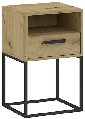 Oggi TrendyHome Nachttisch Cyria, Eiche, schmal, Artisan, schwarzem Metallgestell, 1x Schublade, 1x Regal, mattem Finish, DIY Montage.