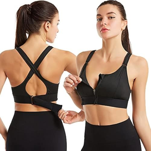 BSLVWG Sport BHS für Frauen Front Zip Sport BHS mit abnehmbaren Pads Nahtloser Yoga BH Verstellbare Riemen Running Training BH (DE/NL/SE/PL, Alphanumerisch, XL, Regular, Regular, Schwarz)