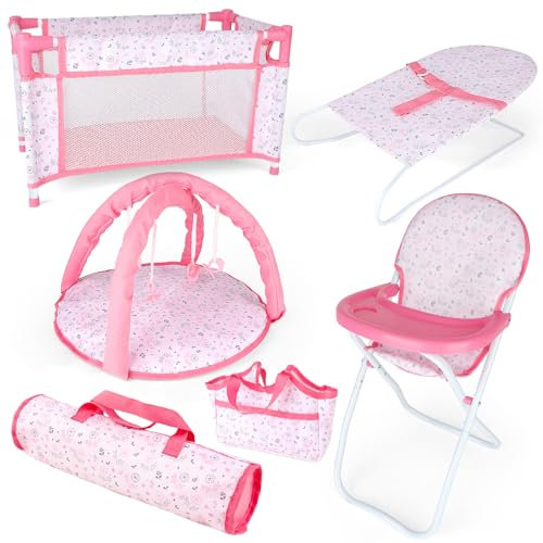 deAO Puppen Set 6 in 1, Babypuppe Rollenspielset Baby Puppe Zubehör Set mit Reisebett, Puppen Wickeltasche, Spielbogen, Hochstuhl, Türsteher, Reisetasche (Puppe Nicht enthalten)