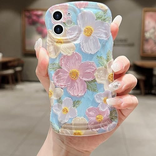 for iPhone 12 Mini Curly Wavy Case, Cute Colorful Retro Oil Painting Flower Glossy Pattern, Slim Fit Shockproof Protective Cover for Girls Women (Green)