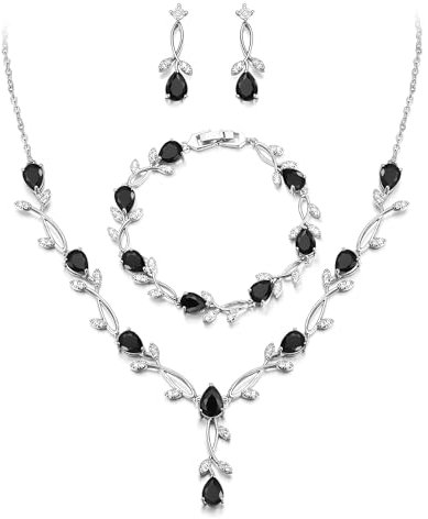 EVER FAITH Hochzeit Schmuck Set für Braut Brautjungfer, Schwarz Silber-Ton Teardrop Cubic Zirkonia Blatt Rebe Prom Halskette baumeln Ohrringe Armband für Damen