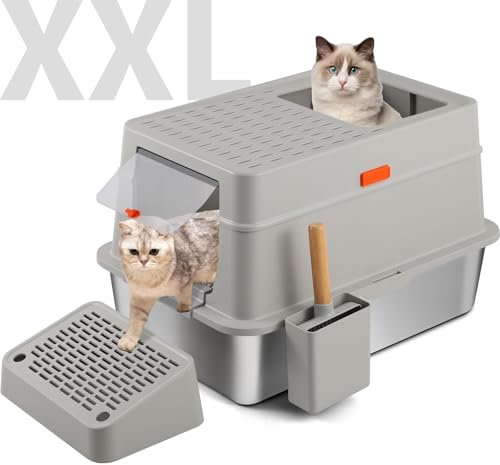 Shikha Edelstahl Katzenklo mit Deckel, 60.5L*40.5B*38H cm XXL Katzenklo Edelstahl Geschlossen, Große 35L Katzentoilette Metall mit Schaufel und Fußpedal, Hoher Rand, Auslaufsicher und Leicht Reinigen