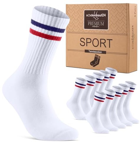 Socken Herren Damen Sportsocken Weiß 39-42 Tennissocken Gepolstert Atmungsaktive Baumwolle 5 Paar Retro Crew-Socken (Ringel Rot/Blau)