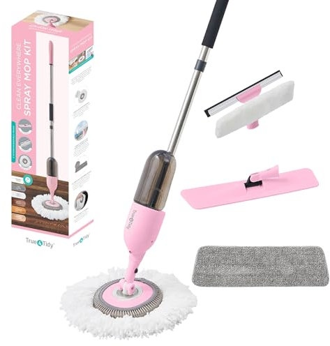 True & Tidy® Clean Everywhere Spray Mop Kit Premium Floor Spray Mop - Includes Flat Mop Head, Round Mop Head, Squeegee Mop Head (Pink)