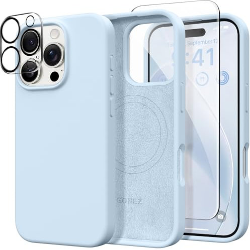 GONEZ Compatible with iPhone 16 Pro Max Case, Compatible with MagSafe, Liquid Silicone Case, 1 Screen Protector + 1 Len Protector, Full Body Protective Shockproof Phone Cover 6.9, Blue