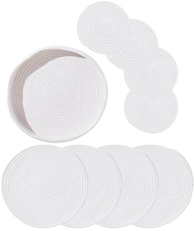 Woven Cotton Rope Round Placemats Set of 8, Handmade Woven 7 Inch Place Mats and 4.3 Inch Coasters with Storage Basket, Non-Slip and Heat Resistant for Holiday Table Decor (B)