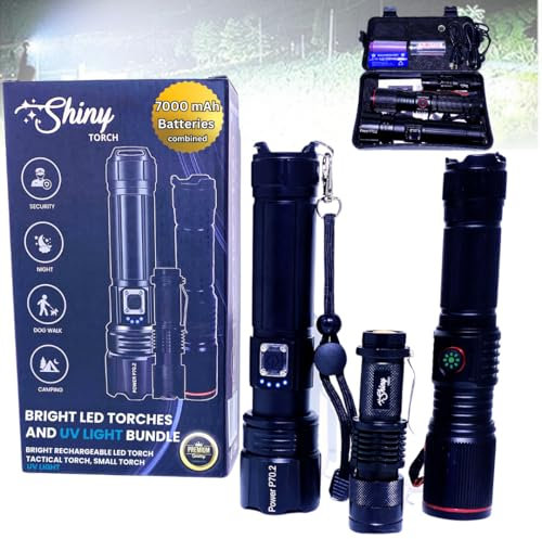 Shiny Torch Power P70.2 Bundle: Bright LED Rechargeable Torch & Flashlight - Includes Small Led UV Light, Tactical Flashlight for Camping, Heavy Duty Torches Led Super Bright Torches Battery Powered.